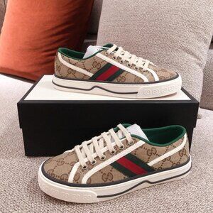 Gucci Women's GG Canvas Sneaker in Beige with Green & Red Stripe